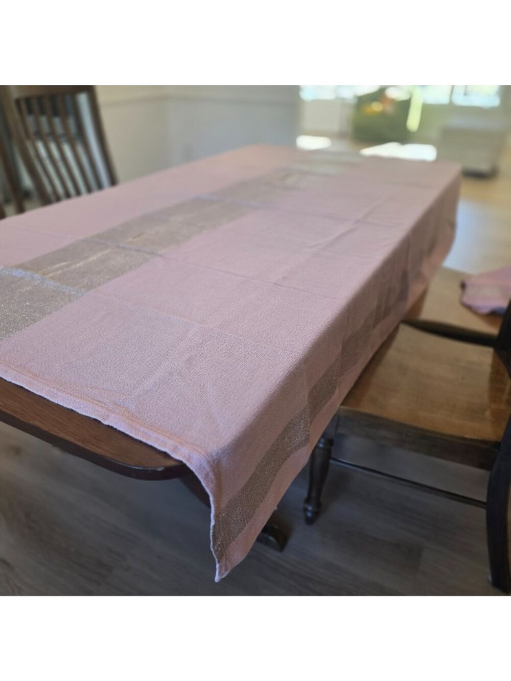 MCM 1950s Pink Woven Tablecloth & 6 Napkins Metallic Gray Accent Barbie Decor - Picture 10 of 10